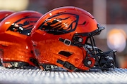 Orange Beavers helmets as No. 19 Oregon State faces the No. 10 Utah Utes in a college football game at Reser Stadium in Corvallis, Oregon on Friday, Sept. 29, 2023. 