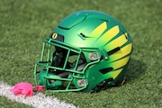 MOBILE, AL - FEBRUARY 01: A general view of an Oregon Ducks helmet during the National team practice for the Reese's Senior Bowl on February 1, 2024 at Hancock Whitney Stadium in Mobile, Alabama.  (Photo by Michael Wade/Icon Sportswire via Getty Images)