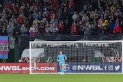 Portland Thorns keeper Shelby Hogan during a semifinal match of the NWSL playoffs against  NJ/NY Gotham FC at Providence Park on Sunday, Nov. 5 2023. 