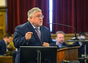 FILE - West Virginia Attorney General Patrick Morrisey presents opening arguments during a trial, April 4, 2022, in Charleston, W.Va. On Thursday, July 11, 2024, Morrisey announced that the state is appealing a case to the U.S. Supreme Court over a transgender middle school athlete's right to compete. (Kenny Kemp/Charleston Gazette-Mail via AP, File)