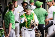 Oregon catcher Bennett Thompson looks on as the Ducks take on Oral Roberts in Game 1 of the NCAA baseball Eugene Super Regional on Friday, June 9, 2023, at PK Park in Eugene. Oregon won 9-8.