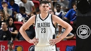 LAS VEGAS, NEVADA - JULY 13: Donovan Clingan #23 of the Portland Trail Blazers looks on against the San Antonio Spurs in the first half of a 2024 NBA Summer League game at the Thomas & Mack Center on July 13, 2024 in Las Vegas, Nevada. The Spurs defeated the Trail Blazers 83-77. NOTE TO USER: User expressly acknowledges and agrees that, by downloading and or using this photograph, User is consenting to the terms and conditions of the Getty Images License Agreement. (Photo by Candice Ward/Getty Images)