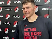 Trail Blazers rookie center Donovan Clingan talks to the media at the team's practice facility in Tualatin, Ore., following practice in preparation for the 2024 NBA summer league on July 10, 2024.