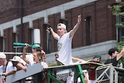 Payton Pritchard rides a duckboat during the 2024 Boston Celtics championship parade in Boston on June 21, 2024. (Katie Morrison-O'Day / MassLive)