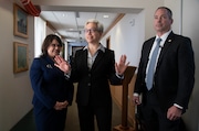 Incoming Governor Tina Kotek shares a moment with her spouse, Aimee Wilson, just before walking into house chambers inside the Oregon State House to be formally inaugurated. January 9, 2023 Beth Nakamura/Staff