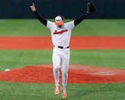 Oregon State pitcher Aiden May reacts as the No. 9 Beavers host the No. 22 Oregon Ducks in a college baseball game on Friday, April 26, 2024, at Goss Stadium in Corvallis. The Beavers took a game one 2-0 victory over the Ducks.