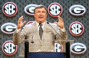 Georgia head coach Kirby Smart speaks during Southeastern Conference NCAA college football media days Tuesday, July 16, 2024, in Dallas. (AP Photo/Jeffrey McWhorter)