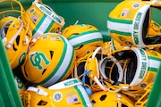 Interlocking UO helmets for the No. 9 Oregon Ducks during their college football game against the Washington State Cougars at Autzen stadium in Eugene, Oregon on Saturday, October. 21, 2023. 