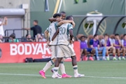 Juan David Mosquera, Felipe Mora and Santiago Moreno celebrate after Mora’s goal in the second minute gives the Portland Timbers a 1-0 lead over Real Salt Lake in an MLS match at Providence Park in Portland, Oregon on Saturday, July 13, 2024.