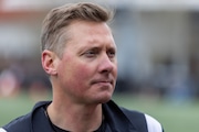 Oregon State head coach Trent Bray speaks with media after Beavers open spring football practice in Corvallis, Oregon on Tuesday, March 5, 2024. 