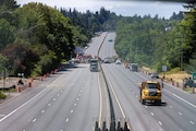 Construction crews work on a repair project along I-5 in Southwest Portland on Saturday, June 29, 2024.