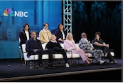 Cast members and the creative team behind the show, "St. Denis Medical," talked about the comedy during a recent appearance at the Television Critics Association 2024 summer press tour. From left, Eric Ledgin, executive producer / showrunner; Justin Spitzer, executive producer; Wendi McLendon-Covey, David Alan Grier, Allison Tolman; Back Row: Kahyun Kim, Mekki Leeper, and Kaliko Kauahi ,in Pasadena, California.