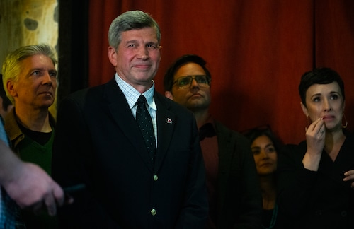 A packed hotel bar hosts an election night party for candidates Nathan Vasquez, Jessie Burke and Vadim Mozyrsky