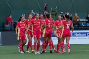 Portland Thorns forward Christine Sinclair celebrates with teammates after her goal in the 6th minute during an NWSL match against the Houston Dash at Providence Park on Saturday, April 20, 2024. 