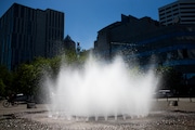 The Salmon Street Springs fountain provided relief from warm weather the afternoon of Wed., July 3, 2024, ahead of a predicted heat wave that could send temperatures into the triple digits.