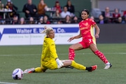 Portland Thorns forward Sophia Smith scores in the 27th minute during an NWSL match against the Houston Dash at Providence Park on Saturday, April 20, 2024. 