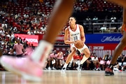 Washington Wizards forward Kyshawn George (18) handlers the ball against the Atlanta Hawks during the second half of an NBA summer league basketball game Friday, July 12, 2024, in Las Vegas. (AP Photo/David Becker)