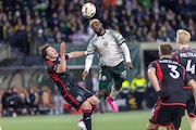 Portland Timbers forward Dairon Asprilla (#27) leaps for a header during an MLS match against D.C. United  at Providence Park in Portland, Oregon on Saturday, March 2, 2024.