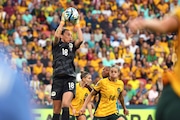 Australia's goalkeeper Mackenzie Arnold makes a save during the Women's World Cup quarterfinal soccer match between Australia and France in Brisbane, Australia, Saturday, Aug. 12, 2023. (AP Photo/Tertius Pickard)