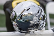 Oregon’s chrome helmets for the No. 6 Ducks’ game against the California Golden Bears at Autzen stadium in Eugene, Oregon on Saturday, Nov. 4, 2023. 