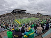 A shot of the field from the stands as the Oregon Ducks hold their annual spring game at Autzen Stadium in Eugene, Oregon on Saturday, April 27, 2024. 