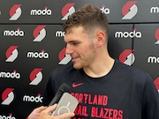 Trail Blazers rookie center Donovan Clingan talks to the media at the team's practice facility in Tualatin, Ore., following practice in preparation for the 2024 NBA summer league on July 10, 2024.