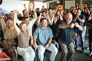 Travis Bazzana (front center), his mother Jenny (left) and father Gary (right) celebrate with friends and family after the Oregon State junior second baseman is selected by the Cleveland Guardians with the No. 1 overall pick of the 2024 MLB draft.