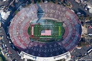 A B-2 bomber conducts a flyover as part of pregame festivities before the start of the 106th Rose Bowl game between the No. 6 Oregon Ducks and the No. 8 Wisconsin Badgers. Photo courtesy of Mark Holtzman/West Coast Aerial Photography.